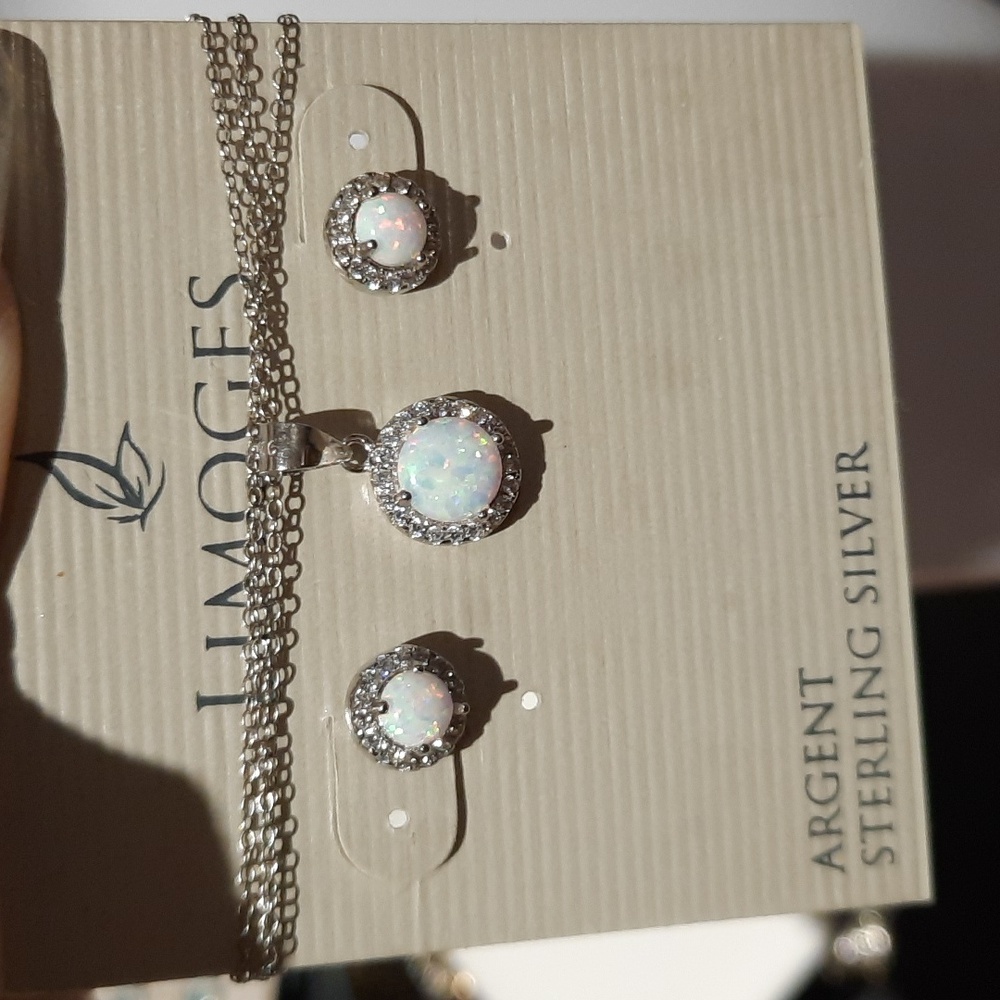 LIMOGES SOLID STERLING SILVER OPAL OCTOBER BIRTHSTONE CZ EARRINGS & NECKLACE